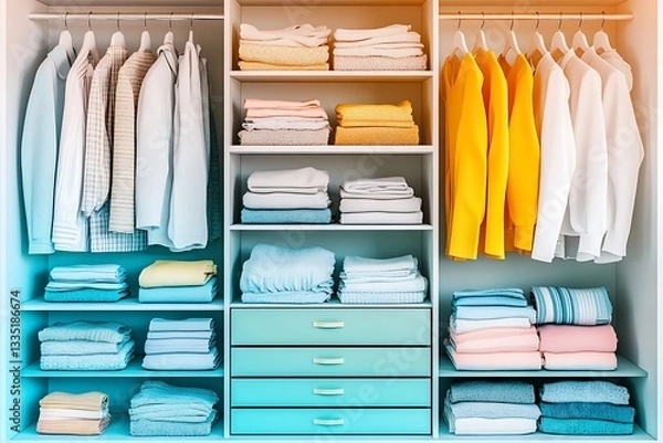 Fototapeta Organized closet displaying neatly folded clothes and hanging garments