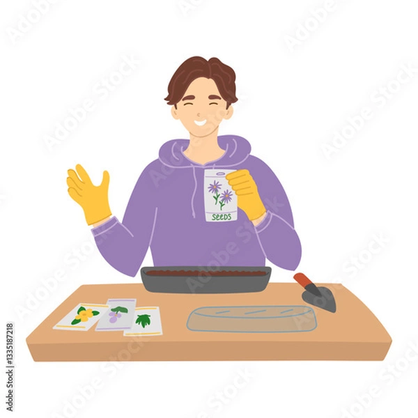 Fototapeta Man sowing seeds in spring in flat cartoon design. Happy gardener holding paper package with flower seeds and preparing growing tray with soil for planting. Gardening and farming. Vector illustration