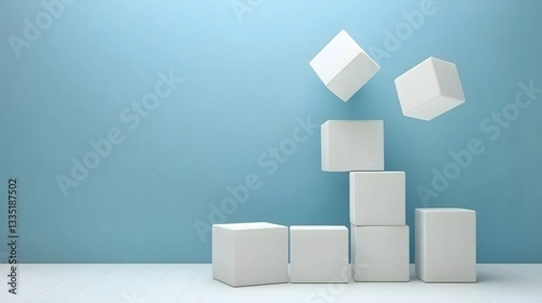 Fototapeta Abstract White Cubes Floating Blue Background Minimalist 3D Render