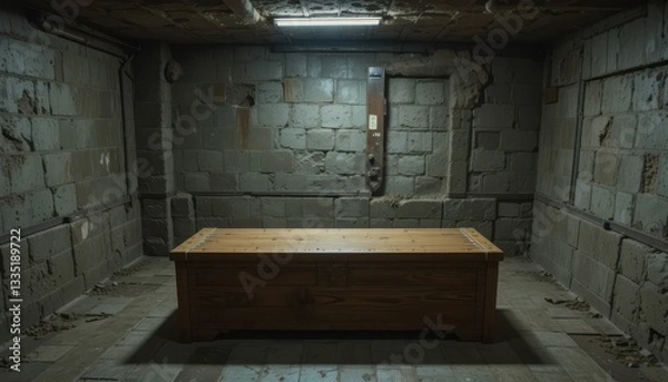 Fototapeta Empty Dark Room with Wooden Table in a Concrete Basement Space