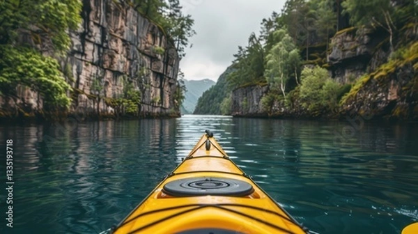 Fototapeta A kayaking adventure in the Norwegian fjords, with turquoise water and towering cliffs 