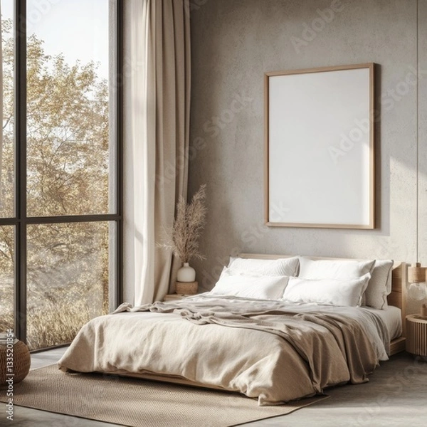 Fototapeta Modern bedroom with large windows, showcasing a minimalist aesthetic.  Beige tones and natural light fill the space, creating a serene atmosphere.  A blank canvas print adds a touch of elegance