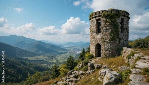 Fototapeta Scenic View of Stone Tower Overlooking Lush Mountain Landscape