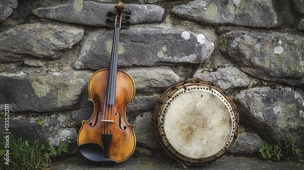 Obraz A fiddle and a bodhran (Irish drum) resting against a stone wall