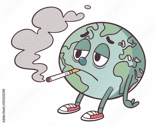 Fototapeta Sad Earth Character Smoking. Funny and expressive vector illustration of a sad Earth character smoking a cigarette with a tired face and smoke around.