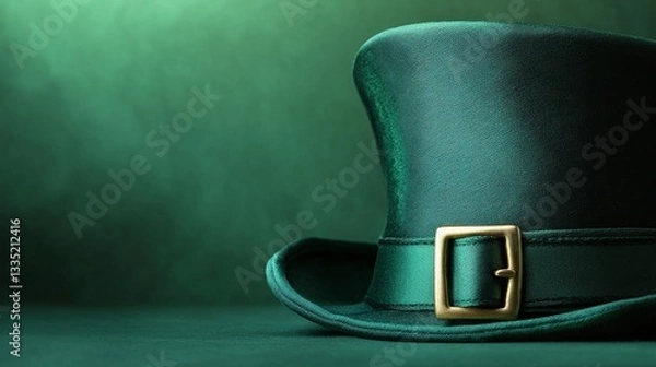 Obraz A close-up of a green Irish leprechaun hat with a gold buckle, on a green background
