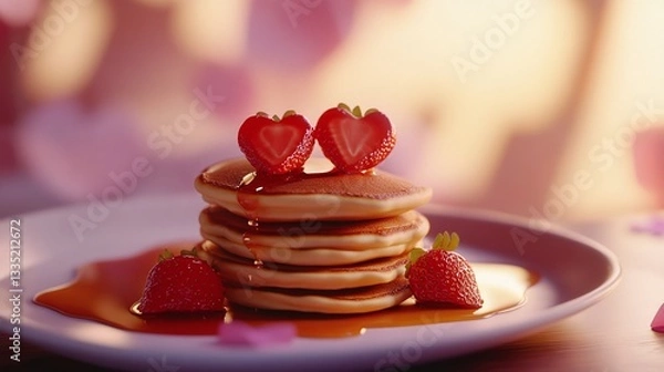 Obraz A stack of pancakes with heart-shaped strawberries and syrup