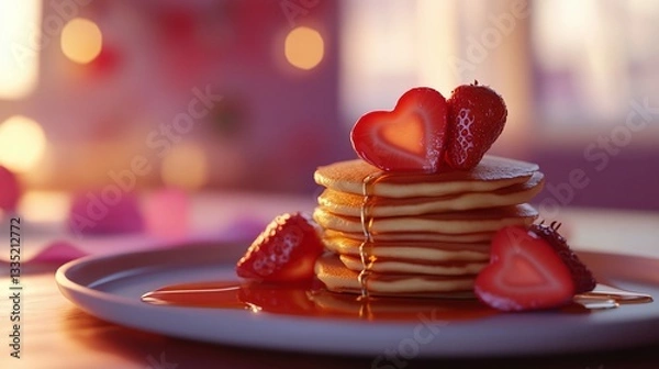 Obraz A stack of pancakes with heart-shaped strawberries and syrup