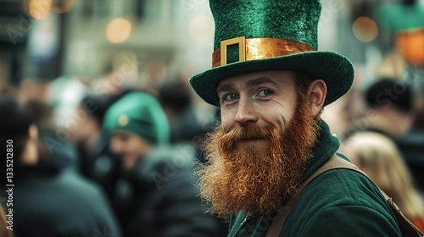 Obraz A street performer dressed as an Irish leprechaun, entertaining a crowd during a St. Patrick's Day festival