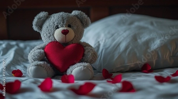 Obraz A Valentines teddy bear holding a red heart, sitting on a bed, with rose petals scattered around