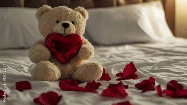 Obraz A Valentines teddy bear holding a red heart, sitting on a bed, with rose petals scattered around