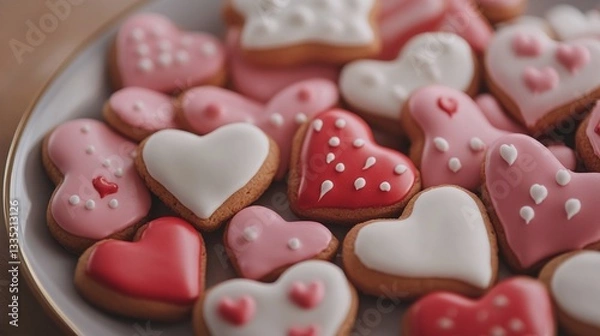 Obraz A variety of Valentines heart-shaped cookies, biscuits decorated with red, pink, and white icing