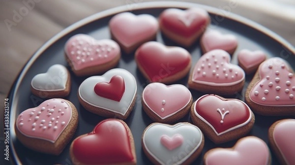 Obraz A variety of Valentines heart-shaped cookies, biscuits decorated with red, pink, and white icing