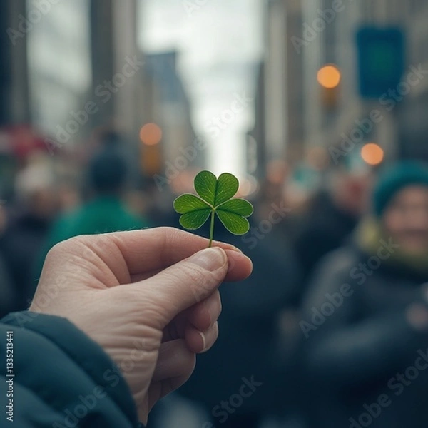 Obraz Hand holding a four-leaf clover, with a blurred background of a festive St. Patrick's Day parade
