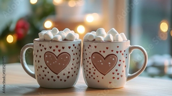 Obraz Two love St Valentines mugs with a heart design, filled with hot chocolate and marshmallows