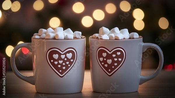 Obraz Two love St Valentines mugs with a heart design, filled with hot chocolate and marshmallows