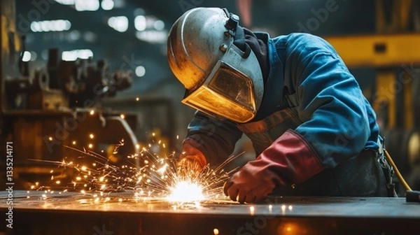 Obraz Industrial apprentice builder, welder engineer training at work