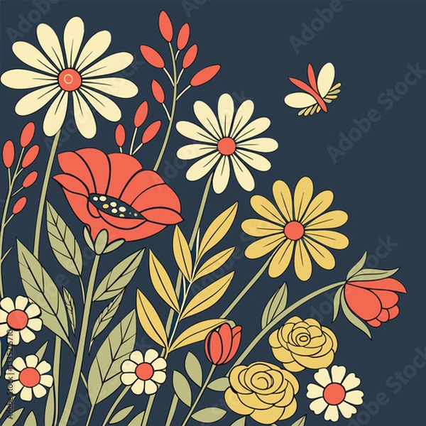 Fototapeta Floral Symphony: A colorful bouquet of flowers, including daisies, poppies, and roses, gracefully unfolds against a captivating background.