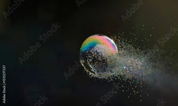 Fototapeta Soap bubble bursting with colorful rainbow trail, subtle grain, soft focus edges, vintage photo. Photo background for your design, blurred motion