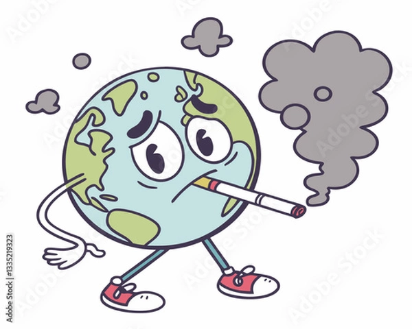 Fototapeta Sad Earth Smoking a Cigarette. Funny vector cartoon illustration of a sad Earth character smoking a cigarette with smoke clouds around.