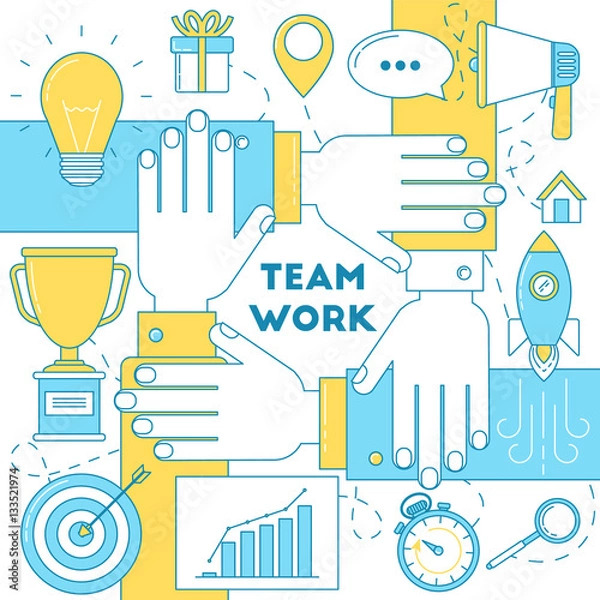 Fototapeta Team work with hands line illustration