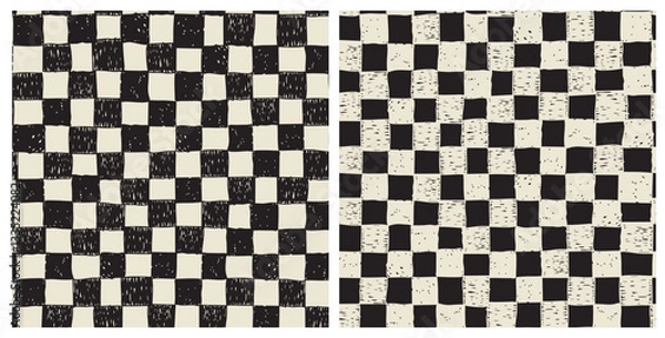 Fototapeta Hand drawn, grunge rectancles seamless repeat pattern in black and white. Set of two vector monochrome check boards aop, all over print.