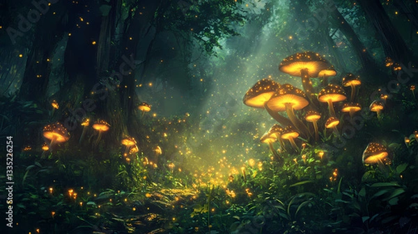 Fototapeta A mesmerizing scene of glowing mushrooms in a lush forest, creating an ethereal atmosphere that captivates the imagination and inspires creativity. Whispering Mushrooms. Illustration
