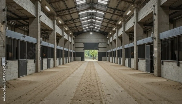 Fototapeta Spacious Indoor Equestrian Stable with Sunlight and Clean Stalls