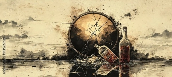 Fototapeta Fractured Mirror and Bottle, Substance Use Disorders