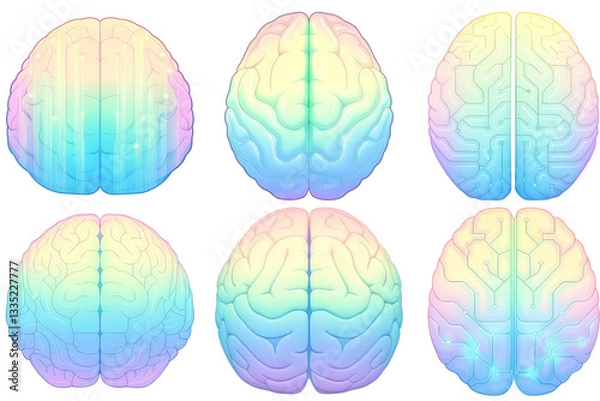 Obraz Colorful, stylized representations of human brains arranged in a grid pattern, showcasing intricate details and design.