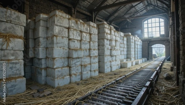 Fototapeta Abandoned Warehouse Interior with Ice Blocks and Rustic Charm