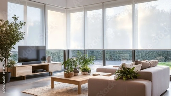 Obraz A cozy modern living room with sheer white roller blinds, letting soft light filter through the large windows