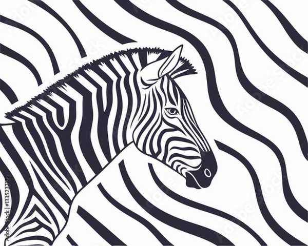 Fototapeta Zebra Head in Abstract Striped Background. Stylish black and white vector illustration of a zebra head with an abstract wavy striped background.