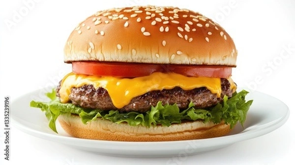 Fototapeta A perfectly layered cheeseburger with melted cheese oozing down the sides