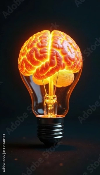 Fototapeta Glowing golden brain within a light bulb, paper texture , success, illustration, knowledge