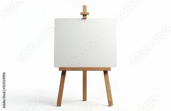 Fototapeta Isolated whiteboard on wooden easel. Blank canvas for art paintings, presentation or signage mockups. Art tool for artist, teacher, student. Empty board on tripod for creative workshop space.