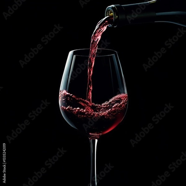 Fototapeta Pouring Elegance: A Captivating Red Wine Experience in a Glass on a Black Canvas, Showcasing Rich Color and Dynamic Motion.