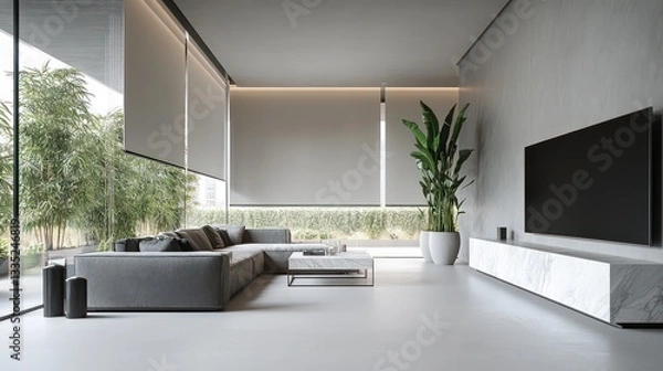 Obraz A minimalist living room with light gray roller shades on floor-to-ceiling windows