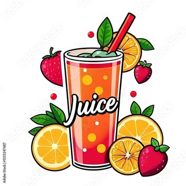 Fototapeta Refreshing juice drink surrounded by fresh fruits and vibrant colors in a lively illustration