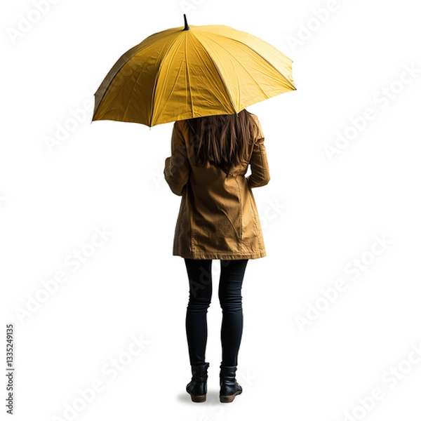 Obraz Rear view of young woman with yellow umbrella, cut out, isiolated, transparent png, add your own background.