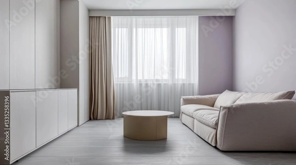 Fototapeta A modern, minimalist studio apartment with light grey floors and soft lavender walls