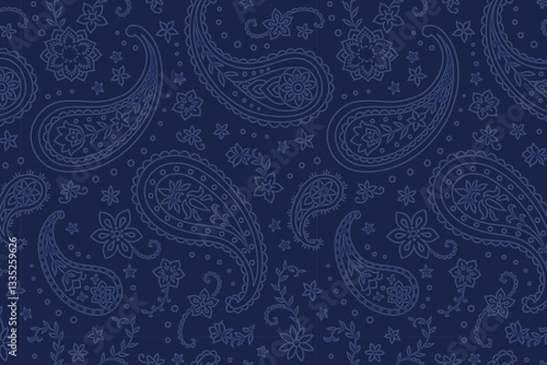 Obraz Seamless Paisley Print Line Art Vector Pattern in Navy and Blue Combo