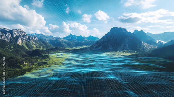 Fototapeta Digital grid landscape: a 3d illustration of a digital grid overlaying a landscape. Natures Internet. Illustration