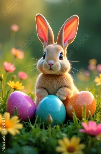 Fototapeta Whimsical bunny with fluffy fur standing proudly near colorful eggs, set against a backdrop of radiant flowers and grass. Enchanting scene ideal for Easter celebration graphics and invitations.