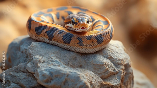 Fototapeta Ball python coiled on gray rock, exotic pet reptile with orange and blue pattern. Wildlife photography of tropical snake species in natural environment