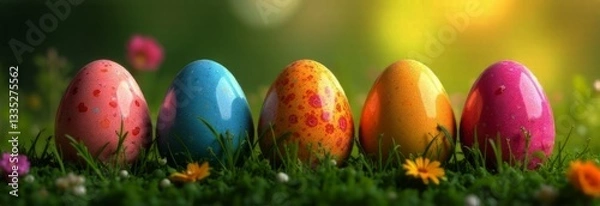 Fototapeta Festive Easter banner features delightful arrangement of pastel colored eggs nestled in fresh grass with blooming flowers.For seasonal promotions, this vibrant imagery captures essence of celebration.