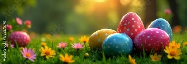 Fototapeta Festive Easter banner features delightful arrangement of pastel colored eggs nestled in fresh grass with blooming flowers.For seasonal promotions, this vibrant imagery captures essence of celebration.