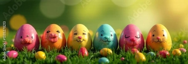Fototapeta Charming Easter banner displaying beautifully painted eggs on vibrant green lawn. Adding touch of springtime cheer, for marketing campaigns, festive events, holiday decorations.