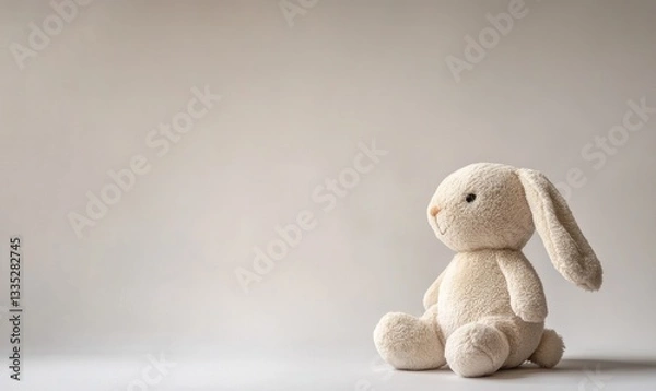 Obraz A white stuffed rabbit is sitting on a white background
