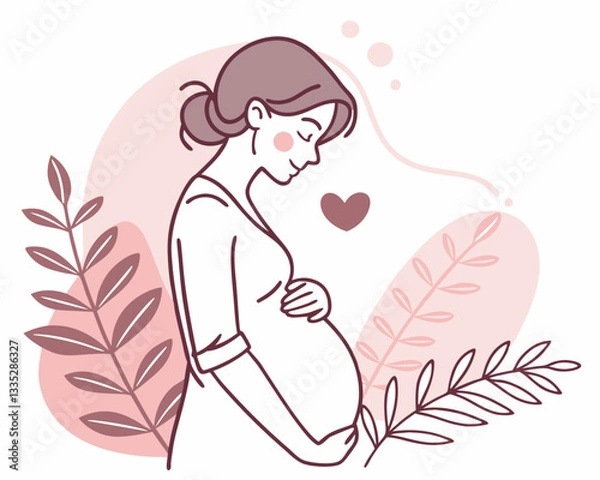 Fototapeta Pregnant Woman Holding Her Belly. Vector illustration of a pregnant woman gently holding her belly in a soft minimalist style with floral elements and heart symbol. Concept of motherhood.